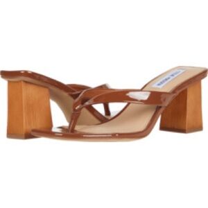 Steve Madden Camel Brown Patent Thong Mules with Block Heel